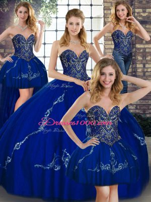 Royal Blue Lace Up Sweetheart Beading and Embroidery 15th Birthday Dress Tulle Sleeveless