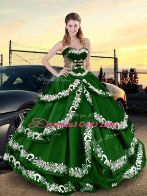 Sleeveless Satin Floor Length Lace Up Quinceanera Dresses in Dark Green with Appliques and Ruffled Layers