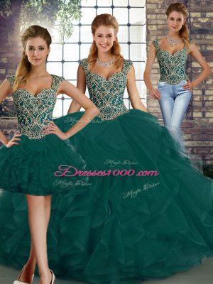 Trendy Peacock Green Straps Neckline Beading and Ruffles Quinceanera Gown Sleeveless Lace Up