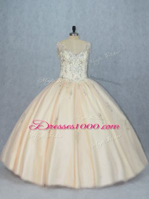 Champagne V-neck Neckline Beading Quinceanera Dresses Sleeveless Lace Up