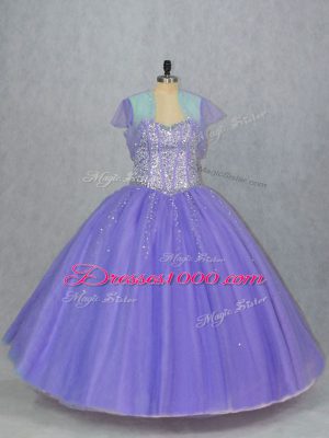 Fine Lavender Ball Gowns Sweetheart Sleeveless Tulle Floor Length Lace Up Beading Quince Ball Gowns