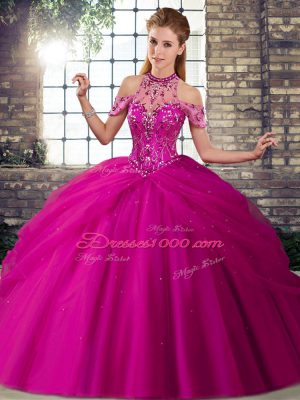 Fuchsia Sleeveless Brush Train Beading and Pick Ups Quinceanera Gown