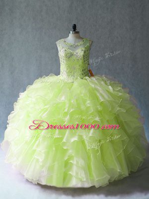 Beauteous Floor Length Yellow Green 15 Quinceanera Dress Organza Sleeveless Beading and Ruffles