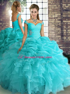 Off The Shoulder Sleeveless Lace Up Vestidos de Quinceanera Aqua Blue Organza