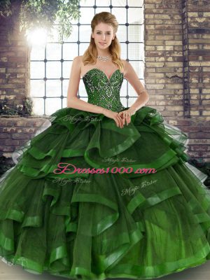 Green Tulle Lace Up Sweetheart Sleeveless Floor Length Quinceanera Gowns Beading and Ruffles