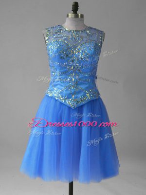 Sleeveless Tulle Mini Length Lace Up Celebrity Dresses in Blue with Beading and Sequins