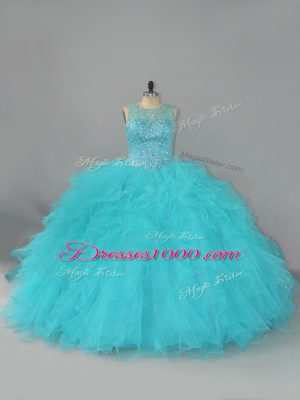 Sweet Aqua Blue Scoop Lace Up Beading and Ruffles Quinceanera Dresses Sleeveless