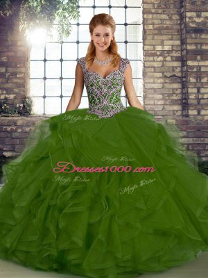 Olive Green Ball Gowns Straps Sleeveless Tulle Floor Length Lace Up Beading and Ruffles Vestidos de Quinceanera