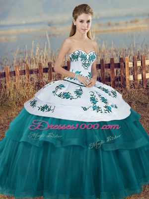 Teal Quinceanera Dresses Military Ball and Sweet 16 and Quinceanera with Embroidery and Bowknot Sweetheart Sleeveless Lace Up