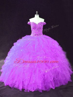 Best Purple Ball Gowns Tulle Off The Shoulder Sleeveless Beading and Ruffles Floor Length Lace Up Sweet 16 Dresses