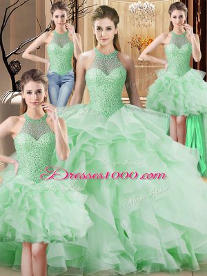 Sumptuous Apple Green Ball Gowns Halter Top Sleeveless Organza Brush Train Lace Up Beading and Ruffles Quinceanera Gown