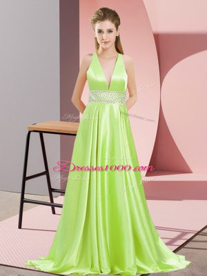 Vintage Yellow Green Elastic Woven Satin Backless V-neck Sleeveless Evening Dress Brush Train Beading