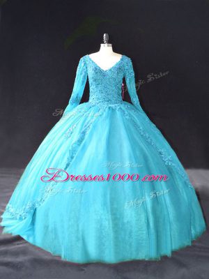 Inexpensive Aqua Blue Lace Up V-neck Lace and Appliques Sweet 16 Dresses Tulle Long Sleeves