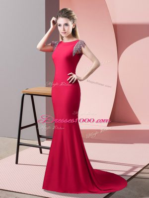 High-neck Short Sleeves Elastic Woven Satin Prom Gown Beading Brush Train Backless