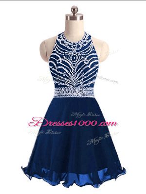 Navy Blue Lace Up Beading Sleeveless Mini Length