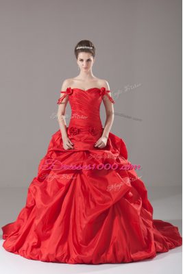 Classical Red Ball Gowns Off The Shoulder Sleeveless Taffeta Brush Train Lace Up Ruching and Pick Ups and Hand Made Flower Quinceanera Dress