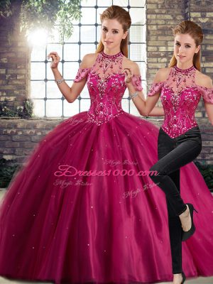 Nice Sleeveless Tulle Brush Train Lace Up Quinceanera Dress in Fuchsia with Beading