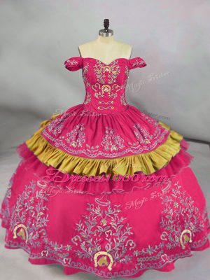 Latest Hot Pink Sweet 16 Dresses Sweet 16 and Quinceanera with Embroidery Off The Shoulder Sleeveless Lace Up