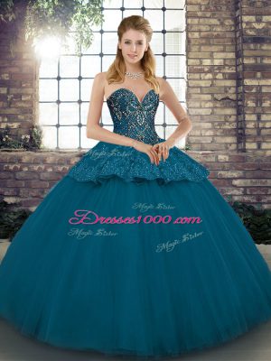 Traditional Blue Tulle Lace Up Sweetheart Sleeveless Floor Length Quinceanera Gowns Beading and Appliques