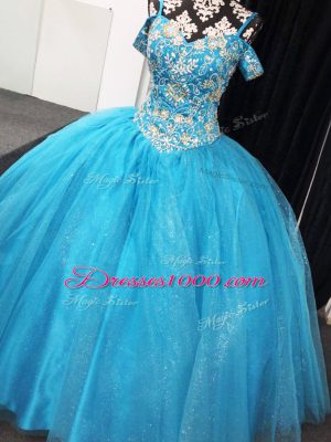 Straps Sleeveless Quinceanera Dress Floor Length Beading Baby Blue Tulle