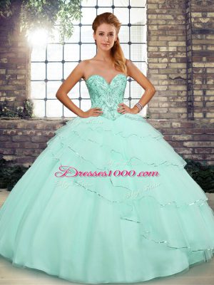 Delicate Apple Green Sleeveless Brush Train Beading and Ruffled Layers Sweet 16 Quinceanera Dress