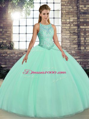 Elegant Apple Green Tulle Lace Up Scoop Sleeveless Floor Length Quinceanera Dress Embroidery