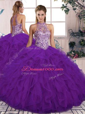 Tulle Halter Top Sleeveless Lace Up Beading and Ruffles Quinceanera Dresses in Purple