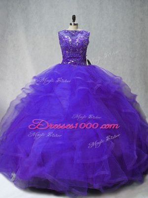 Great Purple Ball Gowns Scoop Sleeveless Tulle Brush Train Lace Up Beading and Ruffles 15 Quinceanera Dress