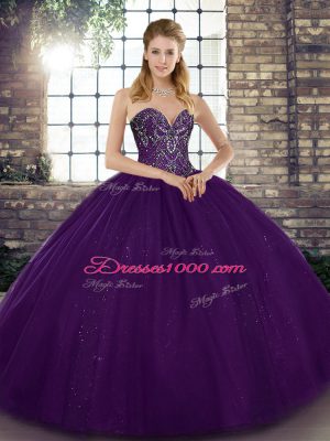 High Quality Floor Length Lace Up Quince Ball Gowns Purple for Military Ball and Sweet 16 and Quinceanera with Beading