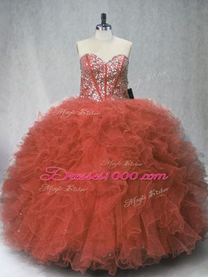 High End Beading and Ruffles Quinceanera Gown Rust Red Lace Up Sleeveless Floor Length