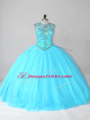 New Style Aqua Blue Tulle Lace Up Scoop Sleeveless Floor Length Vestidos de Quinceanera Beading