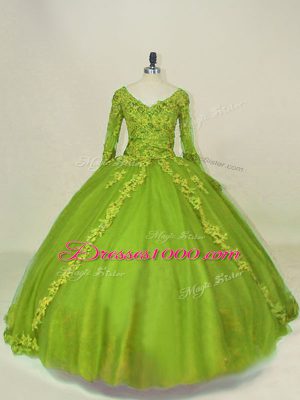 Ball Gowns Quince Ball Gowns Olive Green V-neck Tulle Long Sleeves Side Zipper