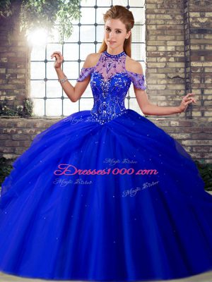 Dazzling Royal Blue Tulle Lace Up Halter Top Sleeveless Quince Ball Gowns Brush Train Beading and Pick Ups