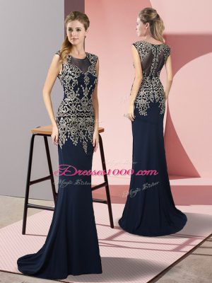 Navy Blue Column/Sheath Appliques Prom Gown Zipper Satin Sleeveless