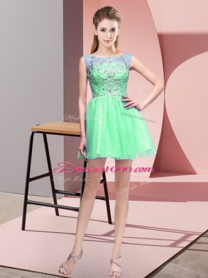 Apple Green A-line Tulle Bateau Sleeveless Beading Mini Length Zipper Prom Gown