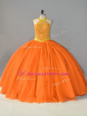 Hot Selling Halter Top Sleeveless Sweet 16 Dress Floor Length Beading Orange Tulle