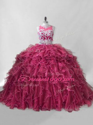 Custom Made Wine Red Zipper Quinceanera Gown Beading and Ruffles Sleeveless Brush Train