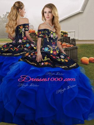 Flare Blue And Black Lace Up Off The Shoulder Embroidery and Ruffles Sweet 16 Dresses Tulle Sleeveless