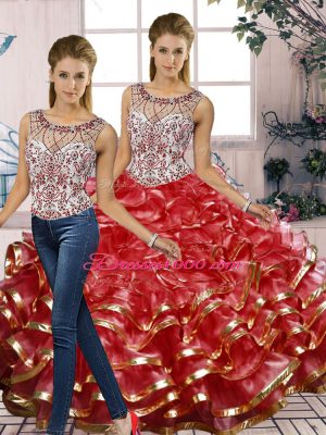 Red Sleeveless Floor Length Beading and Ruffles Lace Up Quinceanera Dresses