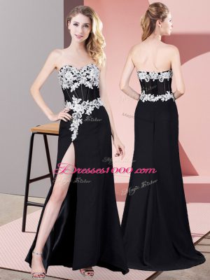 Flare Black Sleeveless Floor Length Lace and Appliques Zipper Celebrity Evening Dresses