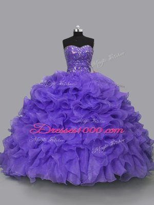 Purple Ball Gowns Beading and Ruffles Vestidos de Quinceanera Lace Up Organza Sleeveless Floor Length