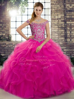 Low Price Fuchsia Ball Gowns Beading and Ruffles Quinceanera Dress Lace Up Tulle Sleeveless