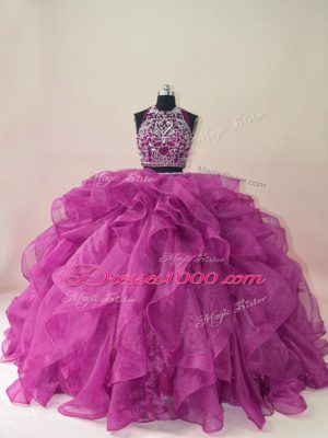 Fuchsia Scoop Neckline Beading and Ruffles Quinceanera Dress Sleeveless Backless