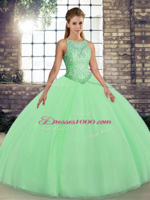 Green Sleeveless Tulle Lace Up Quince Ball Gowns for Military Ball and Sweet 16 and Quinceanera