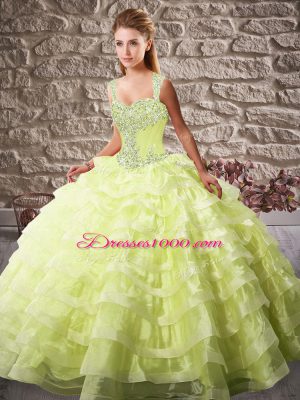 Straps Sleeveless Court Train Lace Up Ball Gown Prom Dress Yellow Green Organza