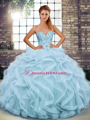 Light Blue Sleeveless Beading and Ruffles Floor Length Quince Ball Gowns