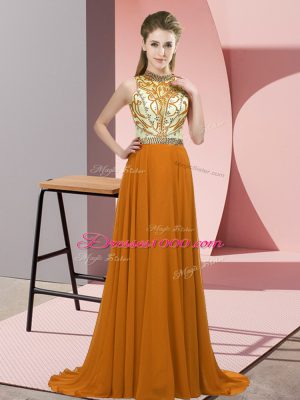 Beading Prom Dress Brown Backless Sleeveless Brush Train