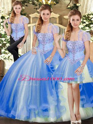 Floor Length Lace Up 15th Birthday Dress Blue for Military Ball and Sweet 16 and Quinceanera with Beading and Ruffles