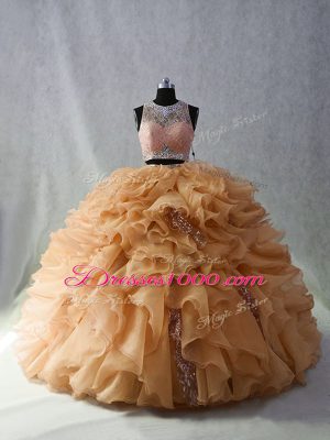 High End Zipper Vestidos de Quinceanera Champagne for Sweet 16 and Quinceanera with Beading and Ruffles and Sequins Brush Train