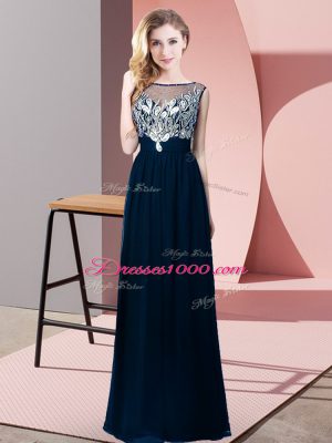 Decent Navy Blue Chiffon Backless Homecoming Dress Sleeveless Floor Length Beading